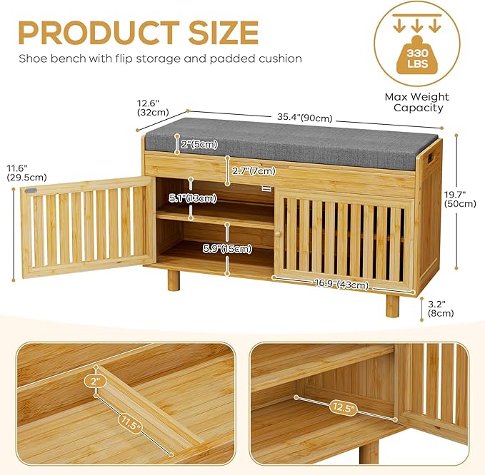 oakvivo Bamboo 35.4in Shoe Storage Bench with Lift Top Storage & Padded Seat Cushion, 2-Tier Shoe Rack Cabinet with 2 Doors for Entryway, Living Room, Bedroom, Mudroom, Natural