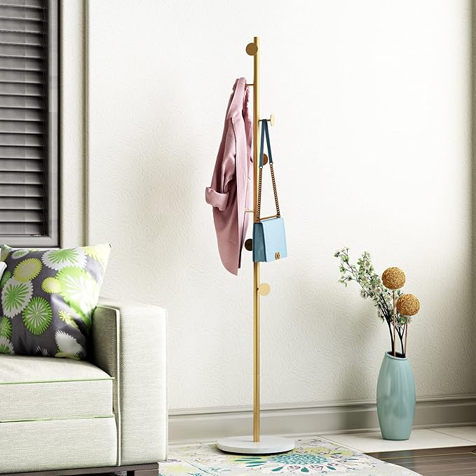 DOORXIFO Gold Coat Racks, Metal Coat Rack Freestanding with Hooks, Entryway Coat Rack Stand, Coat Racks with Marble Base, Coat Tree for Hanging Clothes, Hats, Bags