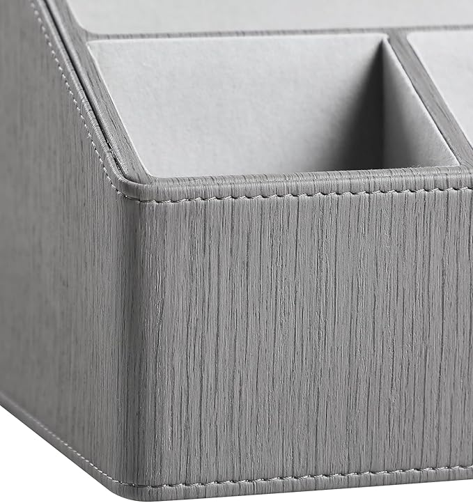 PU Leather Desk Organizer, Luxury Remote Control Holder for Home, Office Desk Accessories Table Caddy Bedside Nightstand Organizer (Grey)