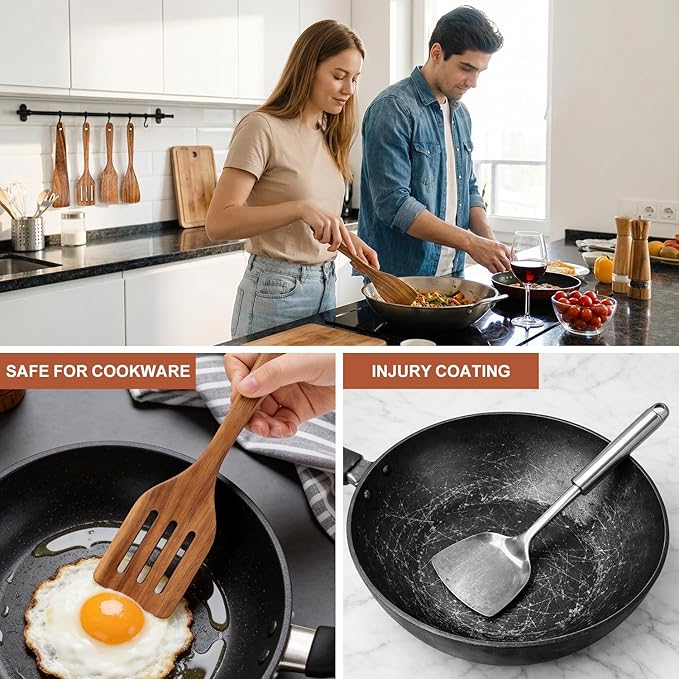 Wooden Spatula for Cooking Utensils Set Acacia Wood Spatulas for Kitchen Use Non Toxic Serving Utensil Slotted Turner Wood Scraper Flat Baking Cooking Spatula Non Stick Spurtle Wok Kitchen Utensils