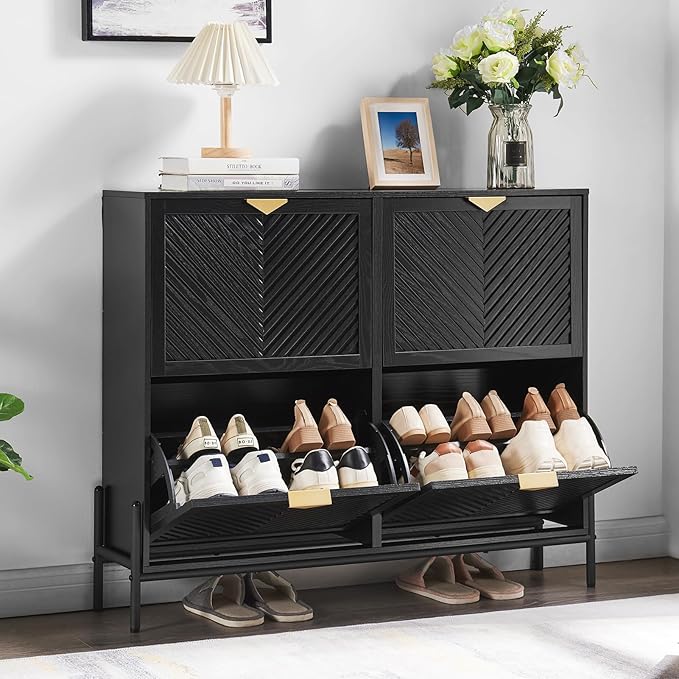 Shoe Cabinet Storage with 4 Flip Drawers, Narrow Hidden Shoes Organizer Cabinet for Entryway, Freestanding Slim Shoe Rack Front Door Entrance(Black)