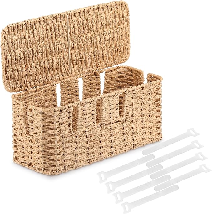 Cable Management Box with Lid Woven Paper Rope Desktop Cable Storage Box with 8 Open Slots Decorative Cord Hider Organizer Boxes for Home Office Living Room Decor, 13" x 5.1" x 5.1"