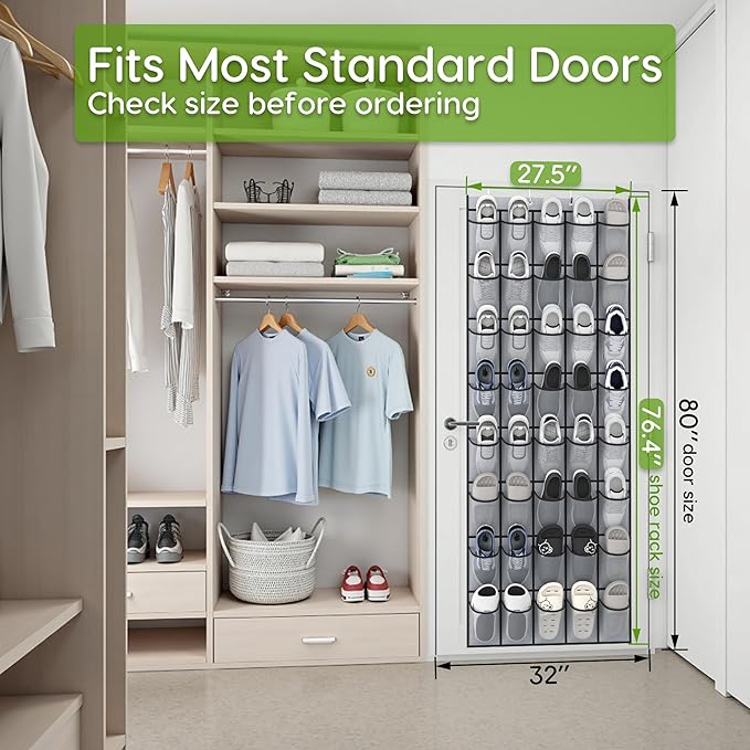 Over the Door Shoe Organizer with 40 Large Breathable Mesh Pockets, Space Saving Shoe Holder, Hanging Shoe Rack for Entryway Bedroom Closet Storage (Grey, 40 Pockets)