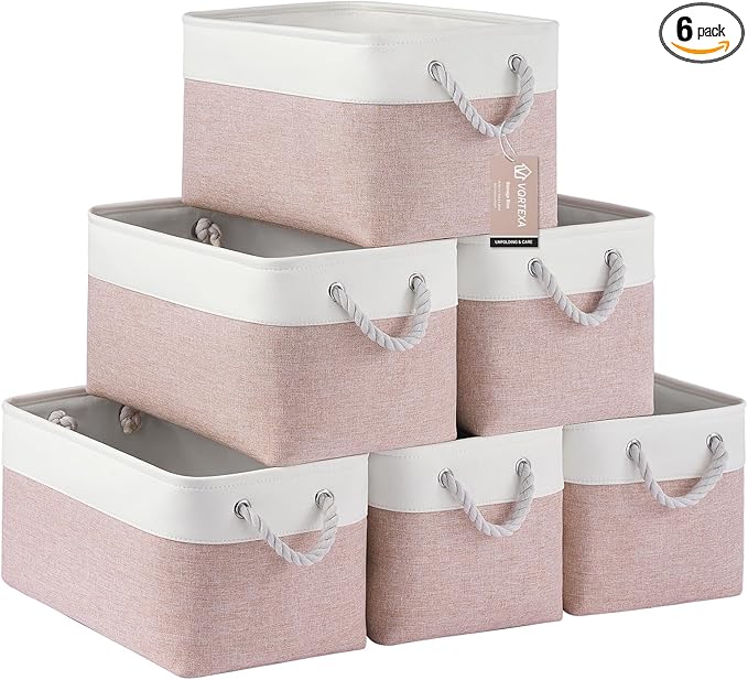 Large Storage Baskets- 15x11x10 inch Storage Bins for Shelves and Closet Organizing, Foldable Fabric Bin for Home Organization Clothes and Laundry (6-Pack, White&Pink)