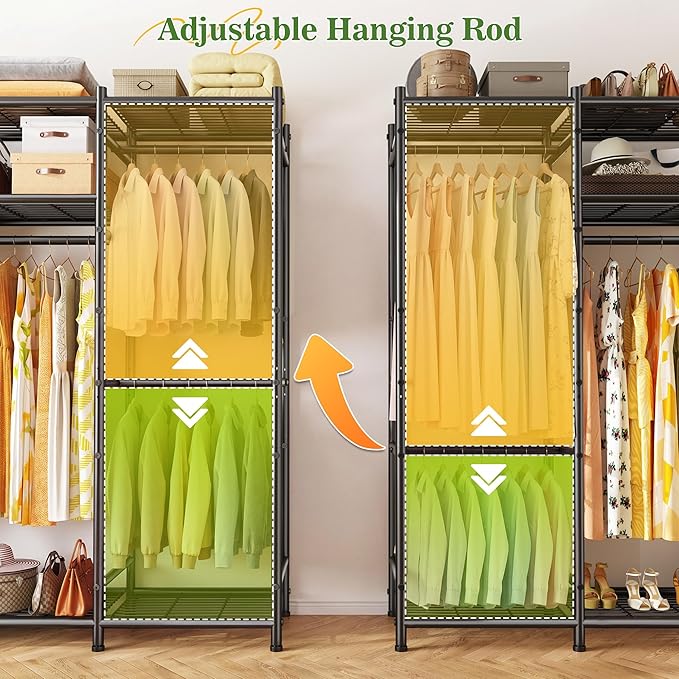 Raybee Clothes Rack, Clothing Racks for Hanging Clothes, Portable Closet with 6 Rods & 10 Shelves, Metal Garment Rack for Bedroom, Freestanding Wardrobe Closet, Black