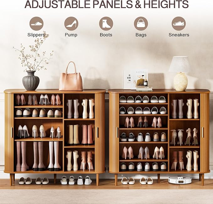 DHH Shoe Storage Cabinet with Sliding Door, 6-Tier Shoe Cabinet with Adjustable Shelves, Mid-Century Modern Freestanding Shoe Storage Organizer for Entryway, Hallway, Living Room (Wood, 47 ")