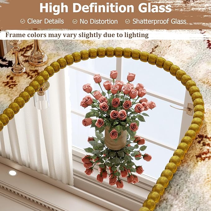 34"x76" Gold Arched Full Length Mirror, Vintage Beaded Decorative Floor Full Body Dressing Mirror as Room Decor Hanging Leaning Standing for Living Room, Bedroom, Vanity Area