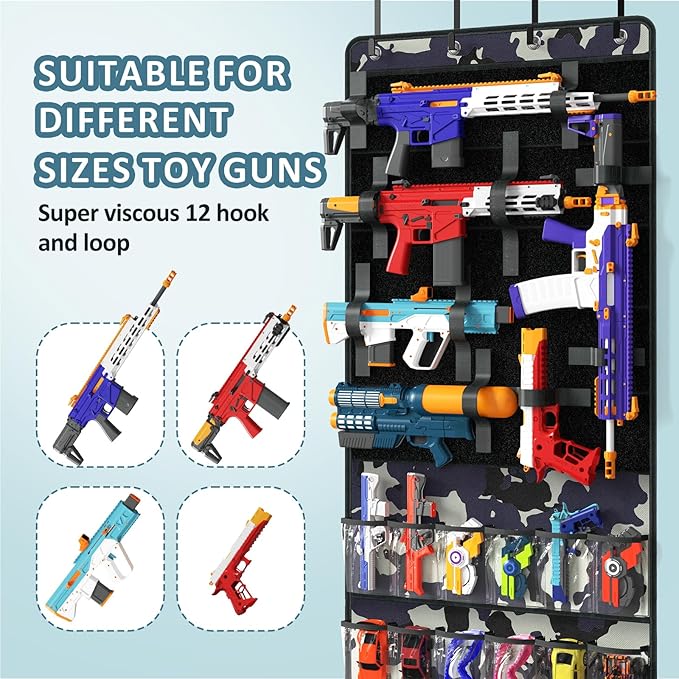 Over The Door Organizer for Toy Guns, Toy Storage, Toys Organizer with Pockets, Hook&Loop Straps for Foam Blasters, Darts, Goggles, Hanging Toys Gun Storage for Kid Rooms, Play rooms, Camouflage