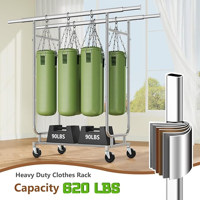 Heavy Duty Rolling Clothes Rack, 620 LBS Load Double Rod Adjustable Garment Rack with Storage Shelves & Lockable Wheels, Portable Clothing Rack for Hanging Clothes for Bedroom, Laundry Living Room