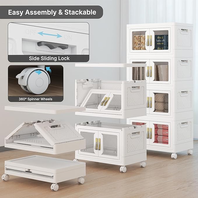 UAMFURI Stackable Storage Bins with Lids, Clear Doors, Large Storage Cabinet Foldable Collapsible Closet Organizers for Bedroom Dorm Office (4, White, 48, Quarts)