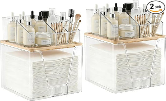 2 in 1 Disposable Facial Towel Holder and Cosmetic Organizer, Clear Storage with Bamboo Lid Compatible with Clean Skin Club Towel XL, Stackable Vanity Organizer for Bathroom Vanity Counter (2 Pack)