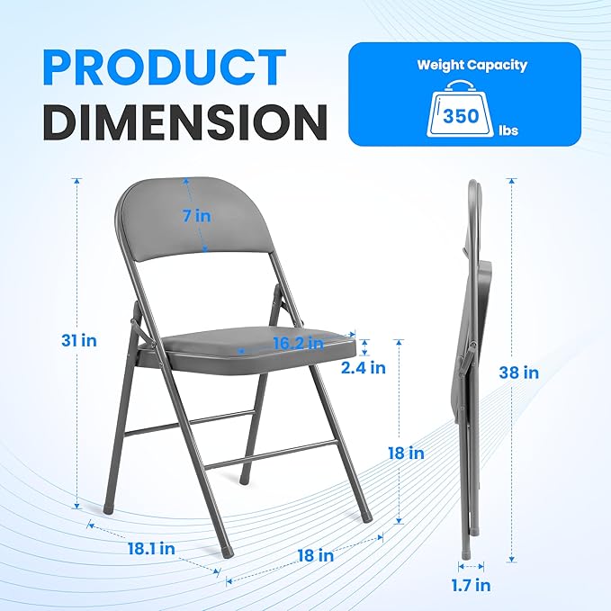 Simple Deluxe Foldable Chairs Set of 2, Padded Cushion Seat & Sturdy Metal Frame, Portable Collapsible Chairs for Home, Office, Parties & Outdoor Activities, Grey