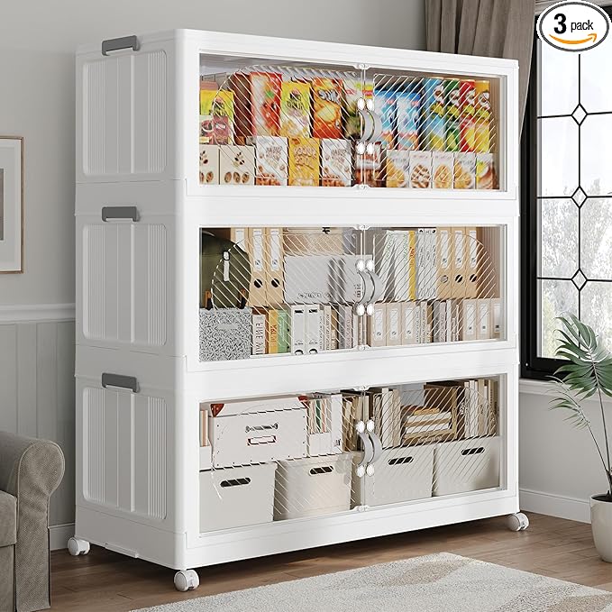 480QT Extra Large Stackable Storage Bins with Lid & Wheels & Doors, 120Gal Foldable Collapsible Closet Organizers, Plastic Cabinet Box Container Drawer for Home Kitchen Bedroom, 3Pack White
