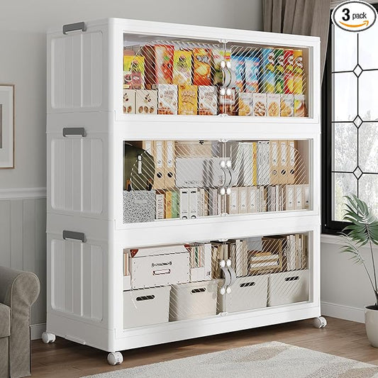 480QT Extra Large Stackable Storage Bins with Lid & Wheels & Doors, 120Gal Foldable Collapsible Closet Organizers, Plastic Cabinet Box Container Drawer for Home Kitchen Bedroom, 3Pack White