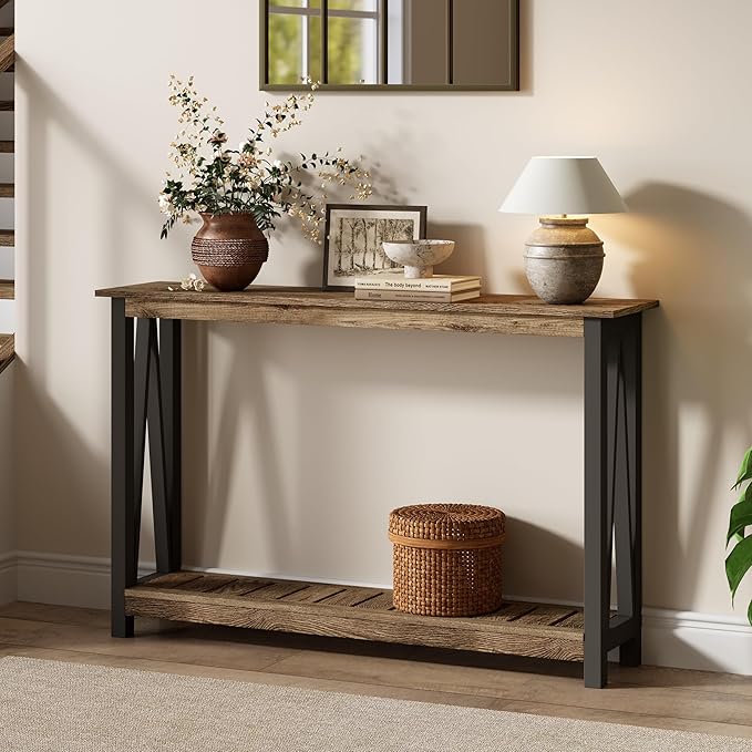 ChooChoo Farmhouse Console Table, Rustic Vintage Narrow Sofa Table for Entryway, Living Room, Hallway, 40 Rustic Oak & Black