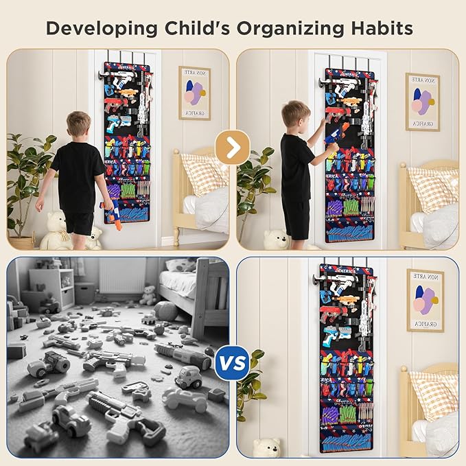 Over the Door Organizer for Toy Guns, Toys Storage Door Hanger with Pockets and Slots for Kids Foam Blasters, Darts, Goggles, Over Door Toys Storage Organizer, for Kids Rooms, Game Rooms, Blue Red