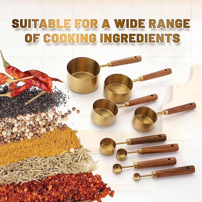 Premium Stainless Steel Measuring Cups and Spoons Set with Wood Handle, 8-Pieces Kitchen Essentials for Baking, Cooking, Coffee with Ergonomic Grip & Engraved Markings (Gold8)