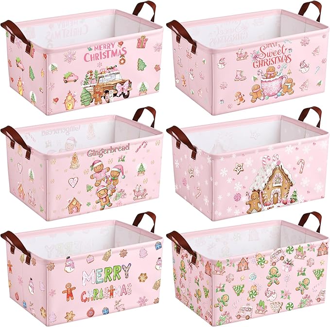 CHENGU 6 Pack Christmas Storage Basket Pink Collapsible Christmas Basket for Gifts Gingerbread Man Holiday Decor Large Gingerbread House Bin Foldable Xmas Tree Box with Handle for Bedroom Office Home