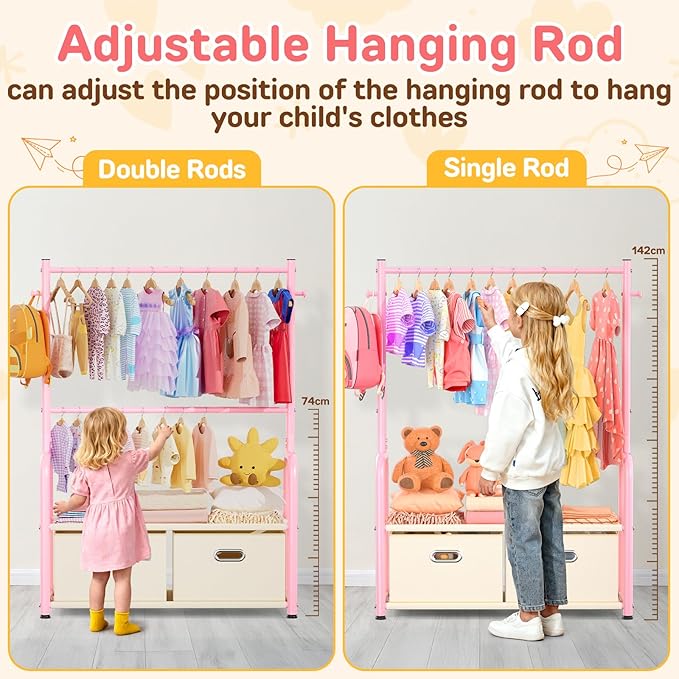 Kids Dress Up Rack Small Baby Closet Organizer for Hanging Clothes Kids Clothes Rack with 2 Tier Storage Racks and 2 Adjustable Hanging Poles (Upgrad, Pink)