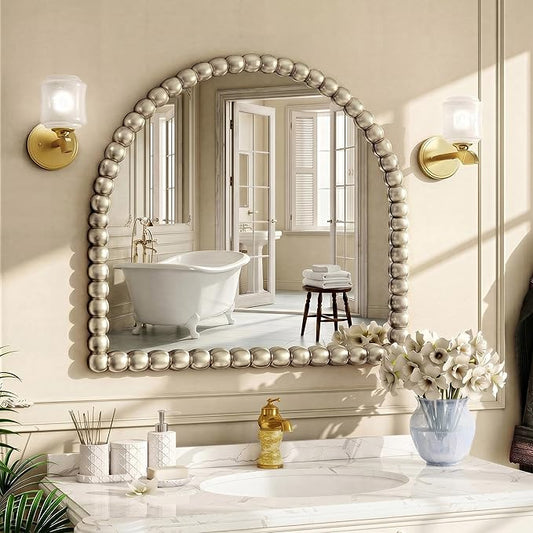 31"×32" Silver Arched Bathroom Vanity Mirror, Vintage Beaded Decorative Wall Mounted Makeup Mirror, as Wall Decor Hanging Leaning for Fireplace Mantle, Living Room, Bedroom, Vanity Area