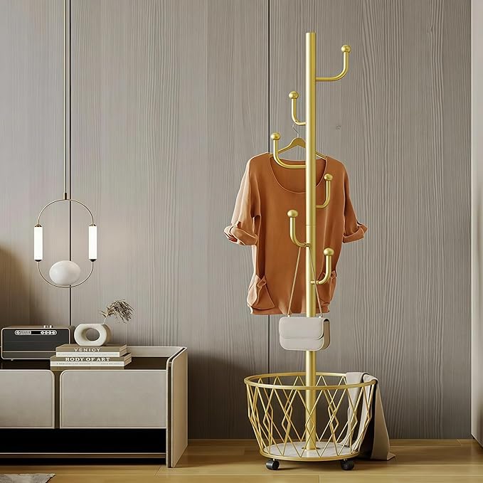 Cactus shaped Freestanding Metal Coat Rack Stand with Basket Modern Organizer for Scarf Jacket Hat Bags Ideal for Home Entryway Bedroom Corner Stable and Moveable (gold)