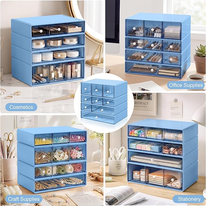 Desk Organizer with 9 Drawers, 4 Tiers Stackable Storage Drawers, Desktop Storage Box with Clear Drawers for Stationery, Makeup, Jewelry, Office and Craft Supplies (Blue)