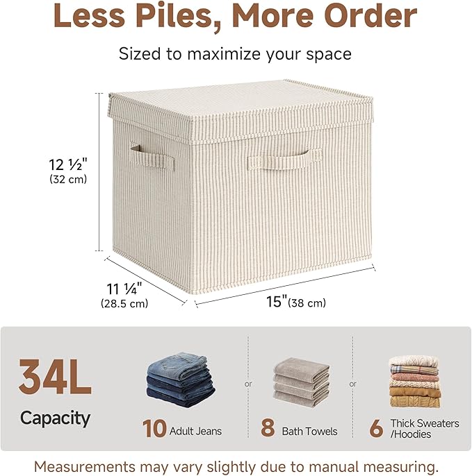 StorageWorks Storage Bins with Lid, Decorative Fabric Storage Bins with Handles, Stackable Closet Organizers for Shelves and Bedroom, Large, Khaki and Beige Stripes, 2-Pack