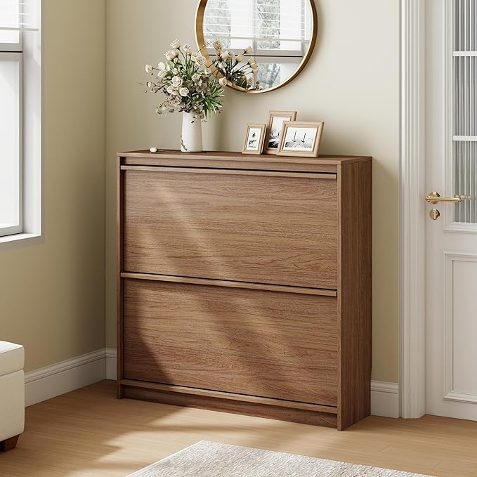 Shoe Cabinet with 2 Flip Drawers, Modern Narrow Shoe Storage Cabinet Organizer with Adjustable Shelf, Hidden Freestanding Shoe Rack for Entryway, Hallway, Living Room, Walnut