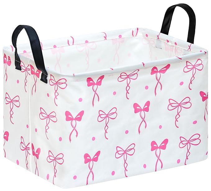 Storage Bin for Shelves Rectangle Closet Baskets Foldable Box with Handles, Pink Bowknot Storage Basket, Storage Boxes for Home Office Car Dormroom