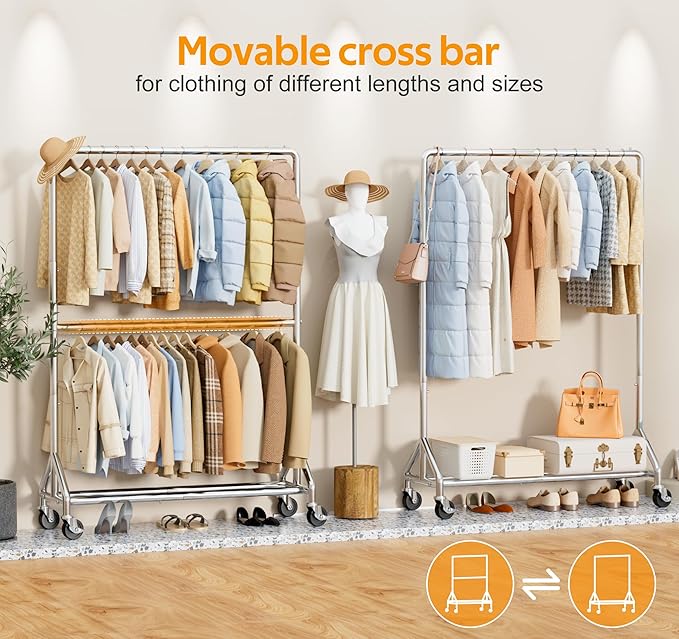 AOODA 50'' W Heavy Duty Clothes Rack for Hanging Clothes, Double Rods Industrial Clothing Rack with Wheels, Sturdy Rolling Garment Rack for Shirts, Coats, Jackets (Silver)