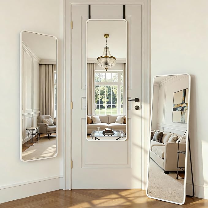 Antok 48''x 14'' Full Length Mirror Over Door, 4-in-1 Standing Leaning Wall Mounted, Adjustable Hanging Mirror for Bedroom Living Room, White, Rounded Corner