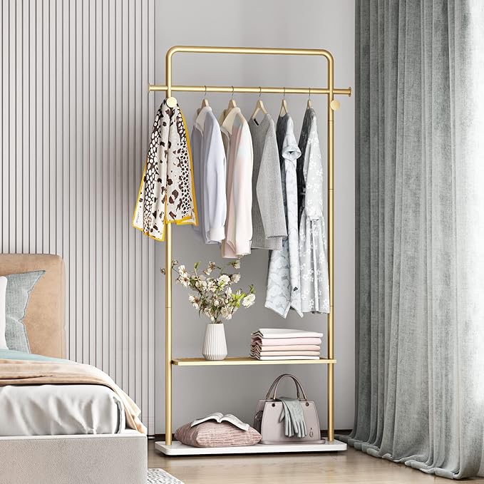 TIEOU Gold Coat Racks with Shelf, Heavy Duty Gold Clothing Racks for Boutiques, Free-Standing Metal Garment Rack for Hanging Clothes, Modern Clothes Rack Entryway(2 tier)