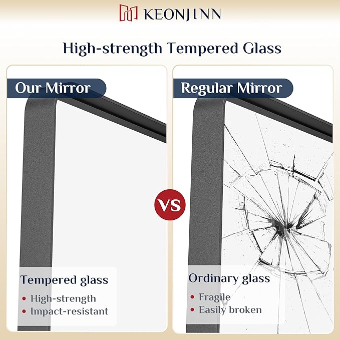 Keonjinn Black Bathroom Mirror for Over Sink, 42 x 20 Inch Rounded Rectangle Bathroom Vanity Mirror, Matte Black Sandblasted Finish, HD Tempered Glass, Wall Mirrors with Seamless Aluminum Alloy Frame