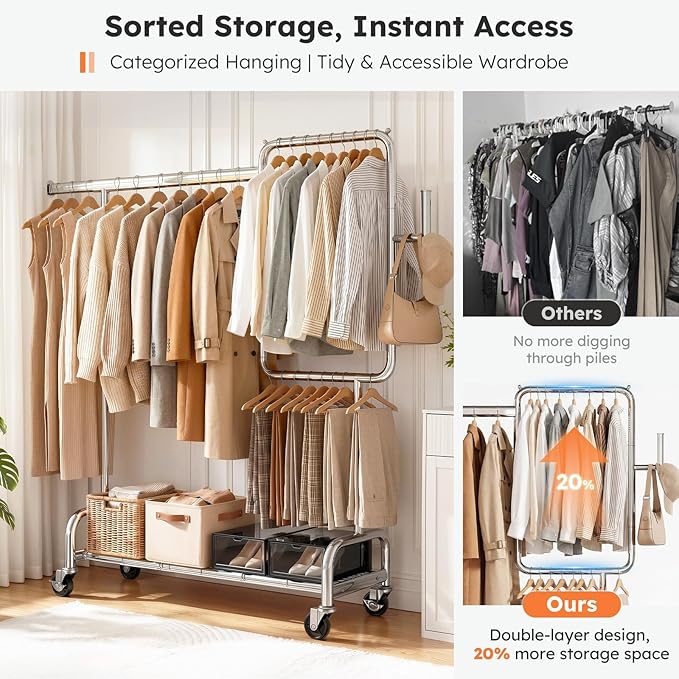 SOLEDI Heavy Duty Partitioned Clothes Rack, 600 LBS Load Metal Garment Rack with Shelves & Lockable Wheels, Rolling Hanging Rack for Bedroom, Laundry Room, Store & Garage (Silver)