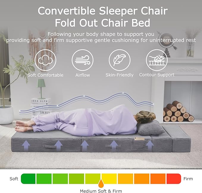 Folding Sofa Bed, 4 in 1 Convertible Sleeper Chair with Pillow, Twin Memory Foam Fold Out Chair Bed, Modern Floor Futon Sofa Couch Mattress for Living Room/Guest/Apartment, Light Gray