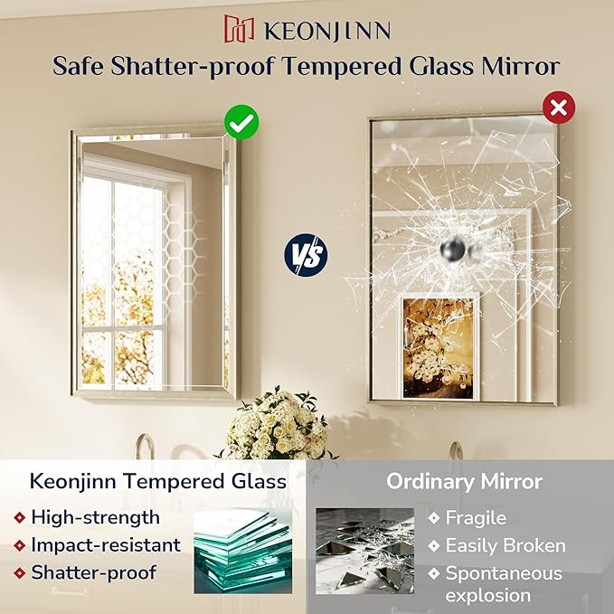Keonjinn 16" x 24" Brushed Nickel Framed Mirror, Silver Bathroom Mirrors Beveled Edge, Decorative Aluminum Alloy Frame, Tempered Glass, Shatterproof, Modern Farmhouse Rectangular Mirror for Hallway
