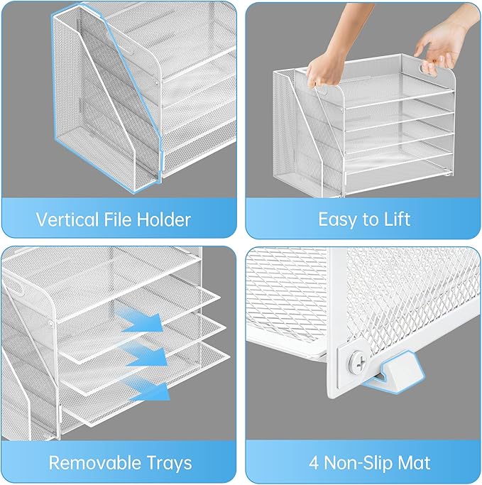 SUPEASY 5-Tier Desk Organizer with File Holder, Desk Organizers and Accessories, Paper Organizer for Desk, Mesh Desktop File Organizer, Workspace Organizers for Office School Home, White