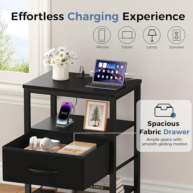 DUMOS Nightstand Set of 2 with Wireless Charging Station Bed Side Tables with Adjustable Fabric Drawers and 3 - Tier Storage End Tables Modern Design, Black
