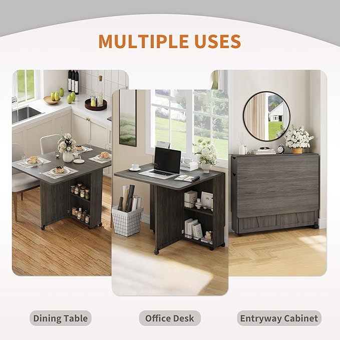 Garvee Folding Dining Table with Storage, Folding Kitchen Table with 6 Wheels, Drawer & Shelves, Compact Dining Table for Small Spaces