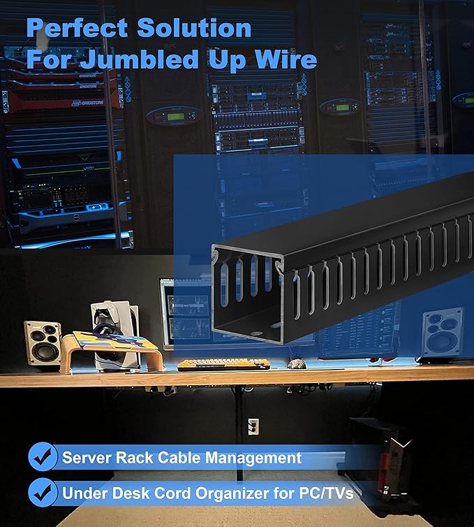 ZhiYo 2x2in Cable Raceway, 6ft Server Rack Cable Management Under Desk Cord Organizer, Electrical Safe PVC Cable Hider Open Slot Wire Raceway for Network/PC/TVs, Wire Duct Black