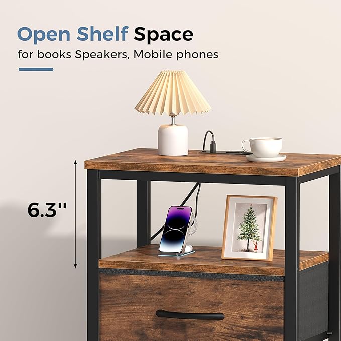 DUMOS Nightstand Set of 2 with Wireless Charging Station Bed Side Tables with Adjustable Fabric Drawers and 3 - Tier Storage End Tables Modern Design, Brown
