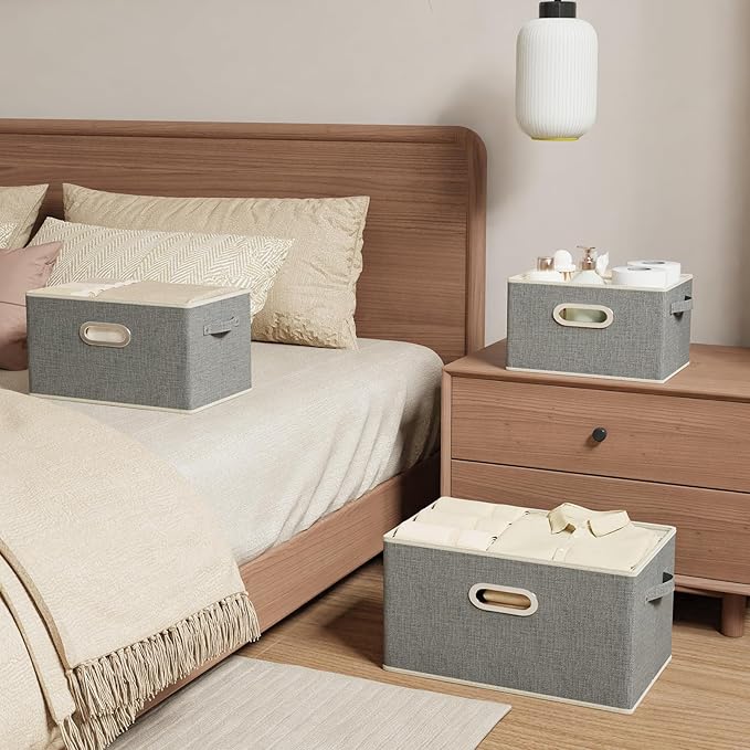 Fabric Open Storage Bins with Metal Handles, Collapsible Organizer Baskets, Foldable Cube Boxes for Shelves, Closet, Living Room, 13x9.1x7.9in, Grey, 4 Pack