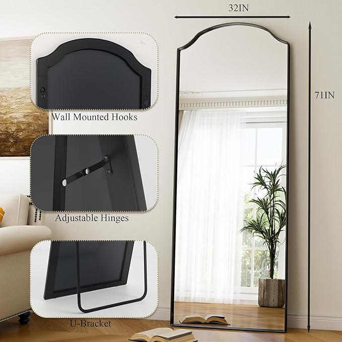 Full Length Mirror,30 x 71 Inch Leaning Full Body Mirrors with Stand，Floor Mirrors Full Length for Bedroom Living Room Leaning, Standing or Hanging Horizontally/Vertically Black