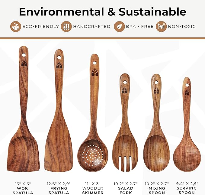 Wooden Spoons for Cooking – Wooden Kitchen Utensils Set, Multipack Teak Wood Utensil Set – Comfortable Grip Non–Stick Wooden Cooking Utensils