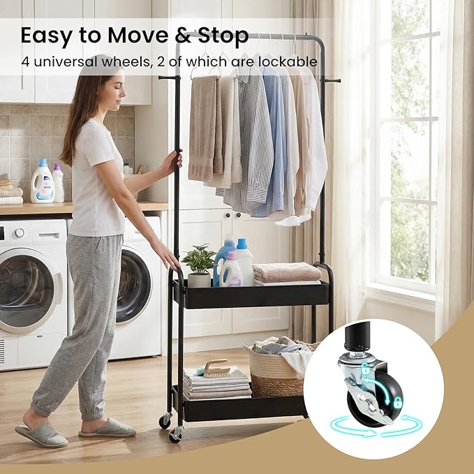 LDAILY Small Rolling Clothes Rack, Heavy Duty Clothing Rack with 2 Baskets, 4 Wheels for Hanging Clothes & Storage, Multi-Purpose Portable Closet for Bedroom, Living Room, Laundry, Small Space (Black)
