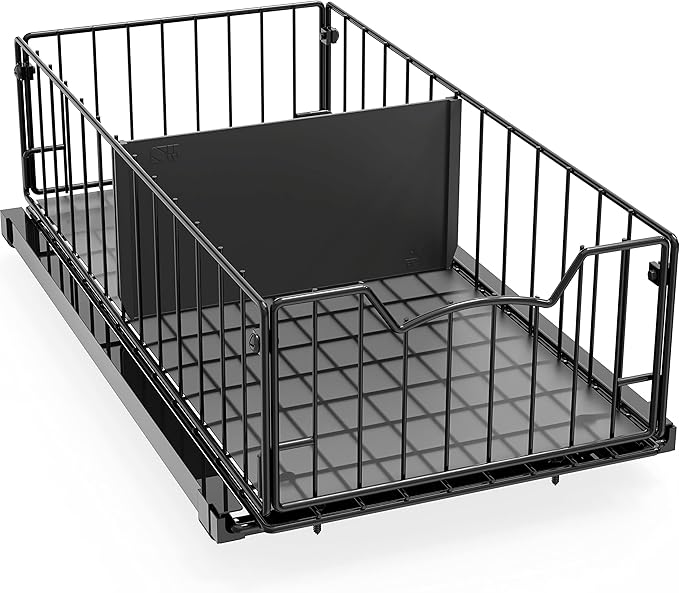 Simple Houseware Pull-Out Cabinet Sliding Basket Organizer, 17.2" D x 9.7" W x 5" H – Black, Ideal for Kitchen and Bathroom Cabinet Storage, Under Sink or Pantry Organization