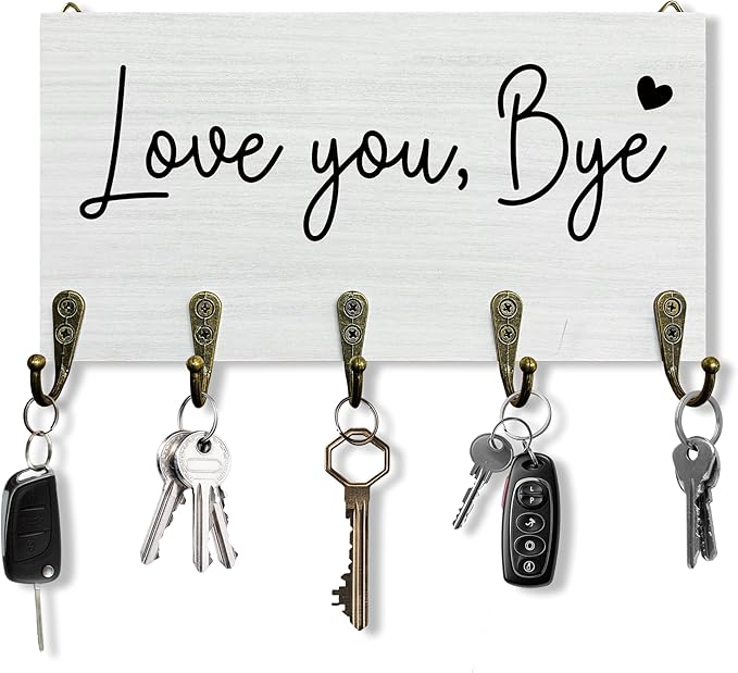 Love You Bye Sign Key Holder for Wall 10"x5.12", Love Sign Key Hanger Wall Mount, Housewarming Valentines Gifts for Couples Family Wooden Hanging Keys Holder Decor for Entryway Front Door