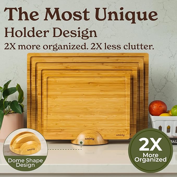 SMIRLY Bamboo Cutting Boards for Kitchen - Wood Cutting Board with Handle and Juice Groove for Meal Prep, Charcuterie - Kitchen Gadgets - Wooden Chopping Board Set of 4 with Holder - Natural Bamboo