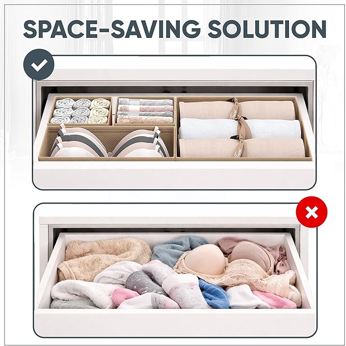 Clothes Organizer, Transform Your Drawers in Seconds - Cream Set of 6 Foldable Storage Boxes with Zipper, Durable 600D Fabric, Includes Fragrance Sachets, Ideal for Underwear, Socks, Baby Clothes