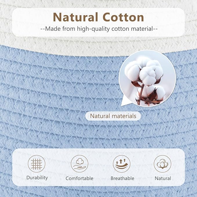 ECDYQXVU Cotton Rope Basket, Storage Baskets with Handle, 15x10x9 Inch Woven Basket for Shelves, Laundry, Towels, Clothes, Books (White/Blue 2Pack)